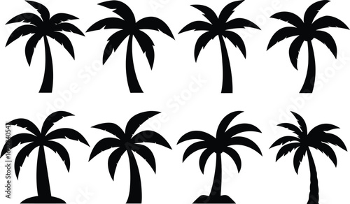 palm tree silhouette, tropical palm trees, black and white palm tree icons, stylized palm tree shapes, minimalist palm tree illustrations

