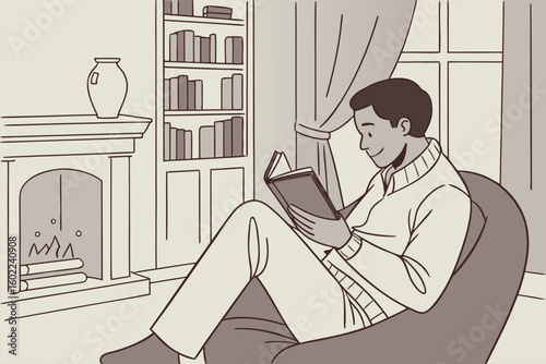 Cozy indoor reading session by the fireplace in a stylish living room with bookshelves and warm decor during a calm evening
