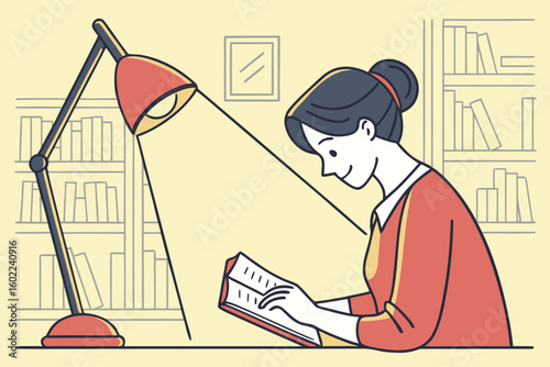 Woman reading a book under a desk lamp in a cozy library setting during evening hours
