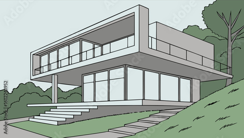 Illustration of a modern house with large windows and steps on a grassy hillside setting outdoors