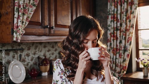 Woman enjoying a warm beverage in a cozy kitchen as sunlight streams through the window
