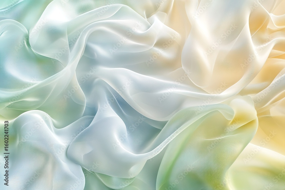 Obraz premium 3d rendered background, smooth flowing transparent silky material weaving and intertwining, pastel colors, translucent and overlapping, trending background image, octane render. Generative AI.
