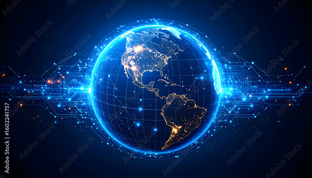 Fototapeta premium Digital Planet: Earth Encased in Glowing Circuit Lines for Global Tech Connection
