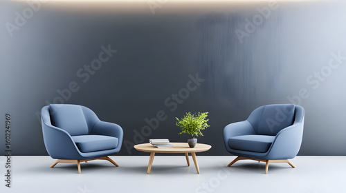 Modern interior design of apartment. Cozy living room with blue sofa, coffee tables