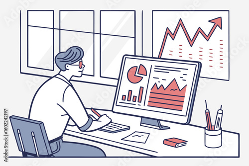 Professional working on data analysis with charts and graphs displayed on computer screen in modern office environment during the day