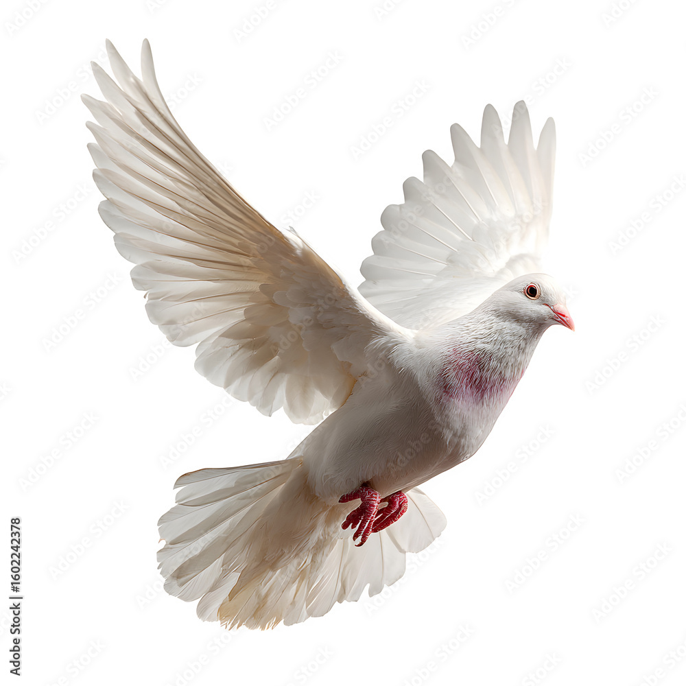Obraz premium Dove in flight with wings extended upward and peaceful expression and feathers trailing motion and isolated white background Batch realistic clean bright simple modern stock image isolated on plai