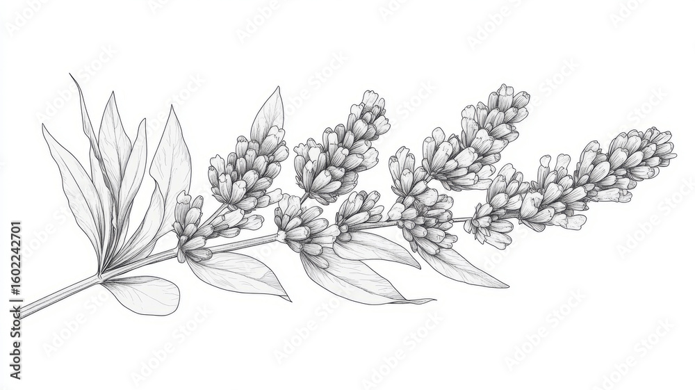 Obraz premium Black and white sketch of a lavender sprig with leaves.