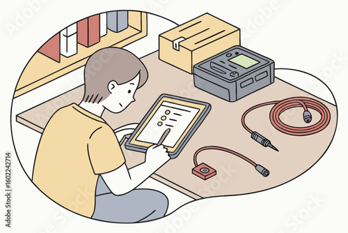 Person using a tablet to organize tools and equipment in a workspace with various items on a table during the day