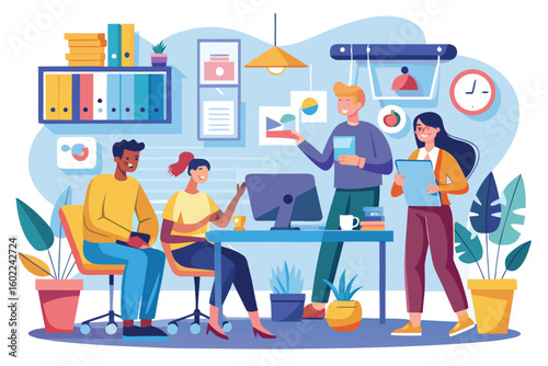 Team collaborates in a bright office space with plants and modern decor while discussing ideas and reviewing charts during a workday session