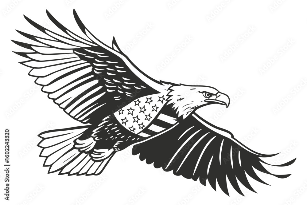 Obraz premium Eagle soaring with wings spread wide, featuring a flag design, representing freedom and patriotism in a clear blue sky