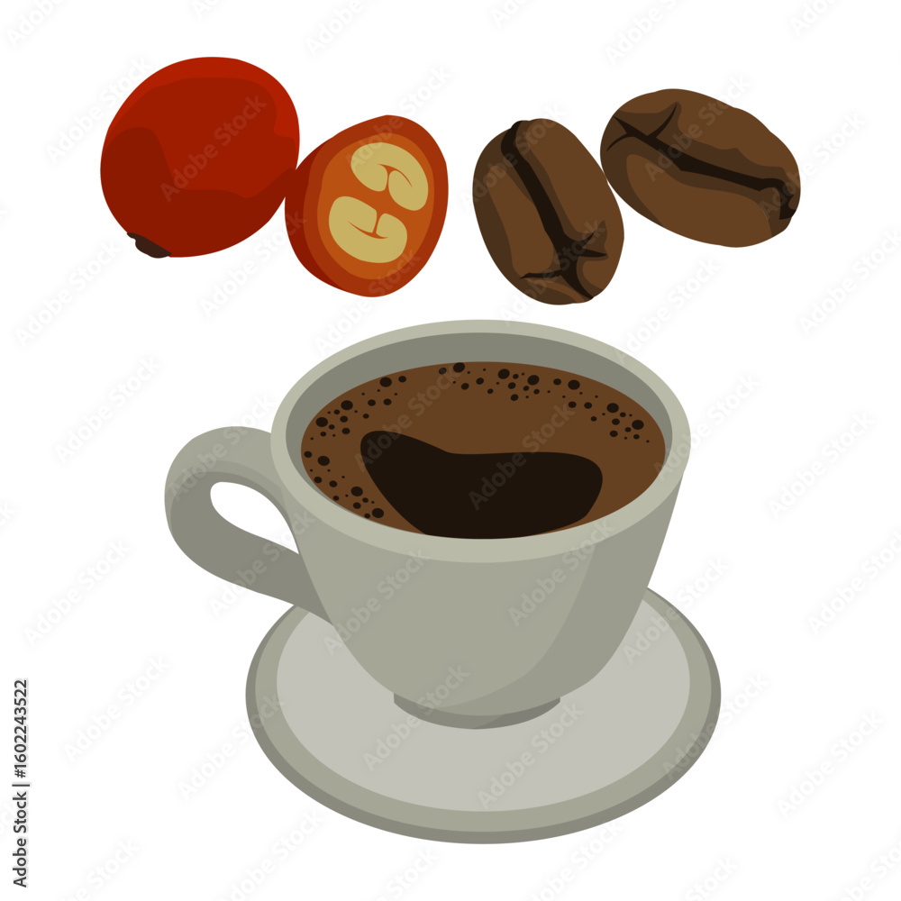 Obraz premium Vector illustration of coffee fruit, coffee beans, and a cup of coffee