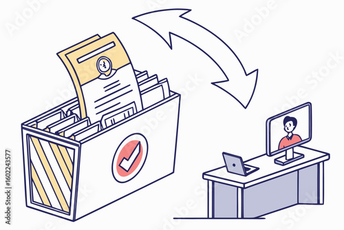 Digital file transfer process with a user accessing documents from a desktop computer setup