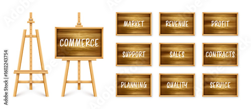 Wooden chalkboard on easel. Blackboard in wooden frame on a tripod. Presentation board with text, writing or drawing surface. Business investment, economics and finance. Vector illustration