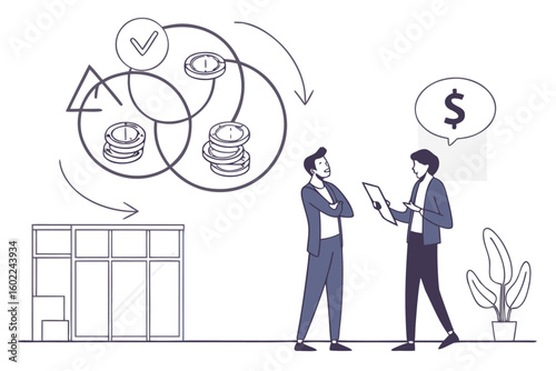 Business professionals discussing financial strategies in a modern office setting during a workday
