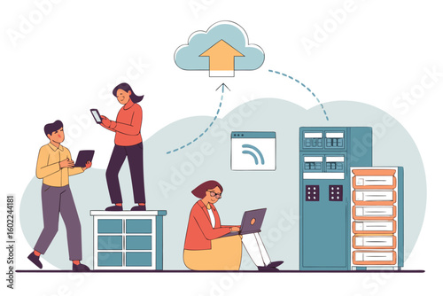 People engaging in various tech activities while uploading data to the cloud in a modern office setting