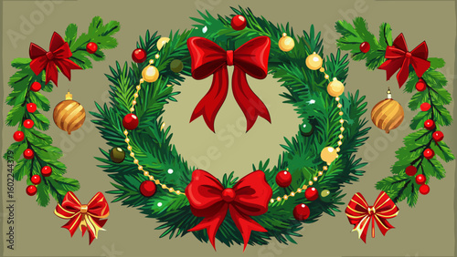 Illustration of a christmas wreath with red bows and ornaments on a light green background color tone