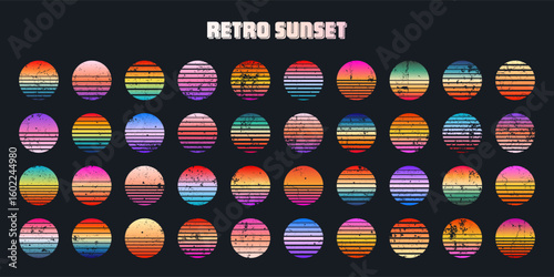 Grunge vintage colorful sunset. Striped gradient sunrise badges in 80s and 90s style. Sun and ocean view, summer vibes, surfing. Design element for print, logo or t-shirt. Vector illustration