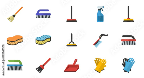 Collection of Household Cleaning Tools and Supplies