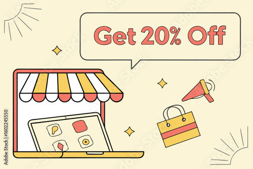 Online store promotion featuring a 20% discount on select items with a colorful banner and shopping elements