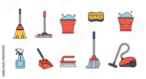Collection of Household Cleaning Tools and Supplies