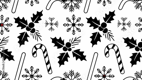 Seamless christmas pattern with snowflakes holly and candy canes in black and white monochrome design style