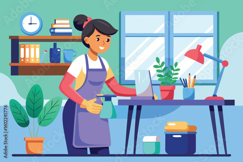 Cleaning and organizing a bright indoor workspace by a smiling woman during the day with plants and colorful office supplies
