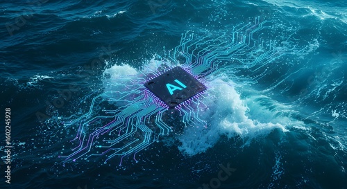 AI Chip Amidst Ocean Waves: A stunning visual of an AI chip emerging from ocean waves, symbolizing the profound integration of artificial intelligence and nature