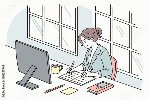 Professional woman working diligently at her desk, jotting down notes while enjoying a warm beverage in a well-lit office space