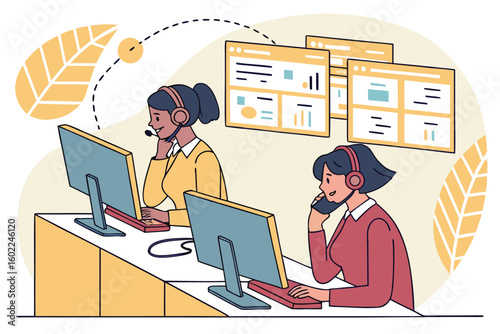 Two women working at computers in a modern office with headsets, engaged in tasks related to customer support and data management during daytime