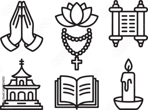 Spiritual and Faith Icons in Linear Style Outline Pack of Religious Symbols Prayer Hands, Lotus, Torah Scroll, Rosary, and Temple