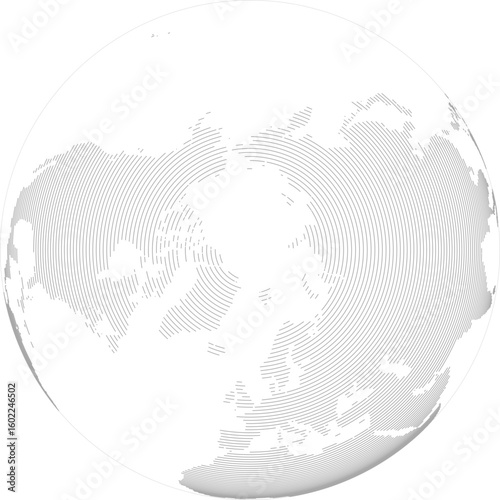 World vector map in line-filled style with bounding box (North Pole–centered, northern hemisphere, orthographic projection, PPT-compatible & fully editable)