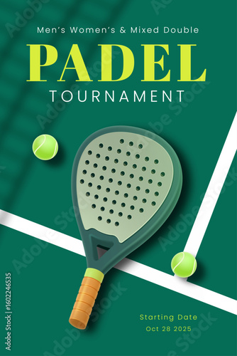 3D Realistic Padel Racket with Ball Vector Illustration Poster