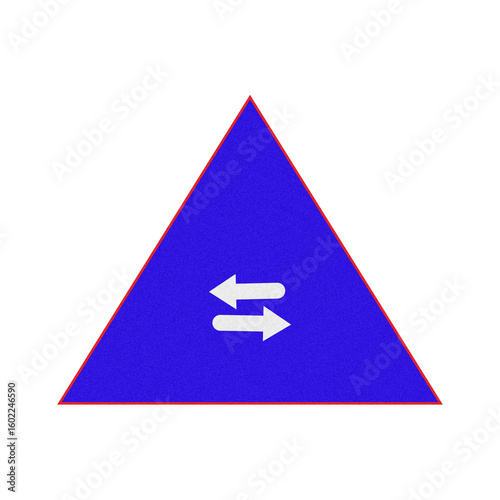 Blue triangle warning sign with two way arrows