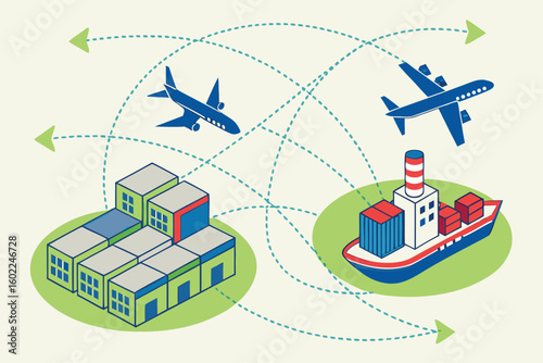Global logistics network illustrating transportation routes between cargo ships and planes at cargo terminals