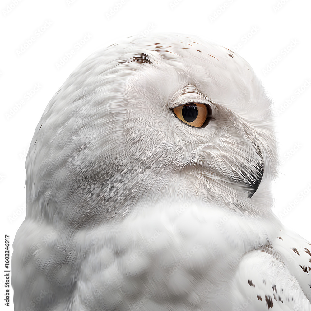Fototapeta premium Elegant white owl in portrait mode and rounded face and soft feather texture and calm expression and isolated white background Batch realistic clean bright simple modern stock image isolated on pl