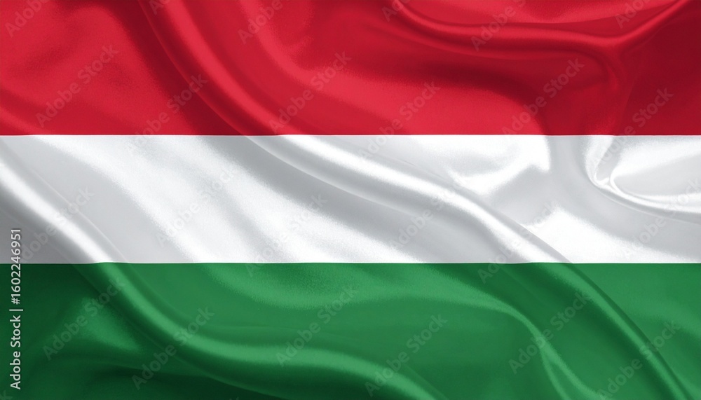Obraz premium Hungarian flag with horizontal red, white, and green stripes on a softly waving fabric background, realistic texture and lighting.