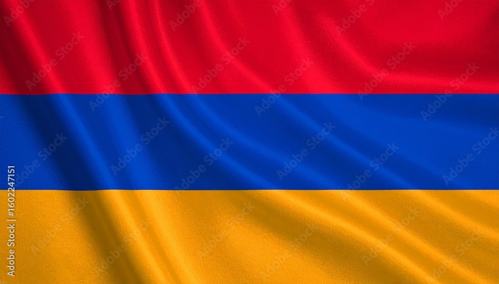 Naklejka premium Armenian flag with horizontal red, blue, and orange stripes, displayed on a textured, gently waving fabric.