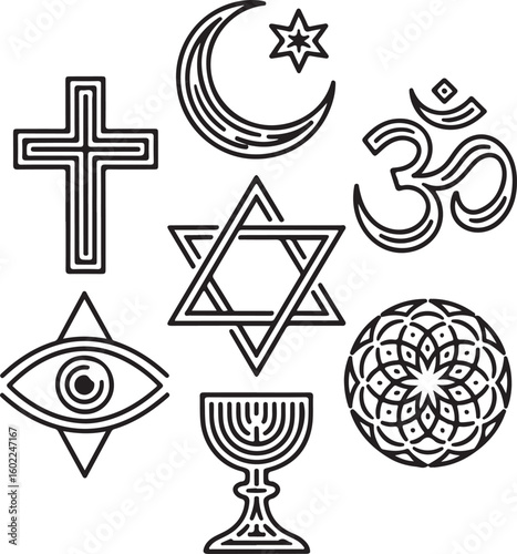 Sacred Symbols Line Art Vector Set Outline Icons of Global Belief Signs Cross, Crescent, Om, Star, Eye of Horus, and Chalice
