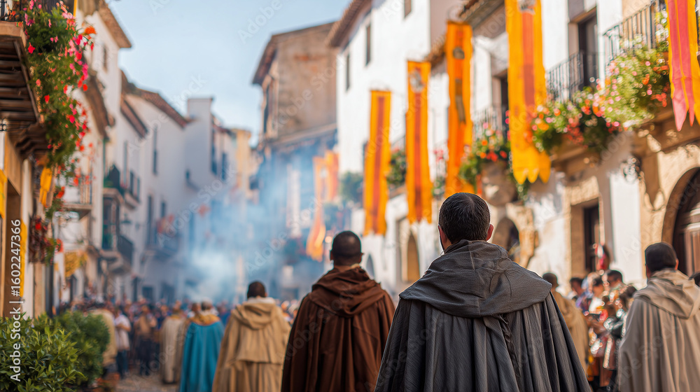 Naklejka premium Parade of faithful with banners and incense through Spanish colonial town, festive and spiritual mood