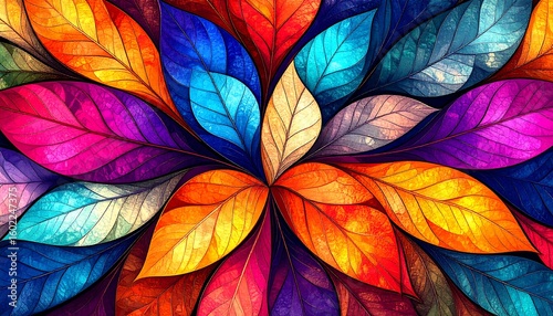 Vibrant autumn leaves in stained glass style