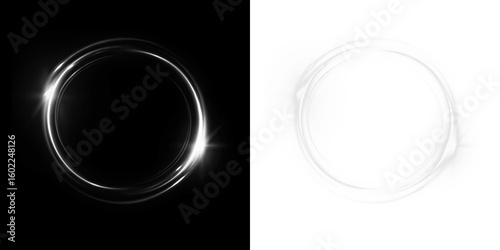 White, neon, light, glow, portal — shining fantasy PNG ring with radial swirl. PNG Overlay for transparent magic motion design, abstract glowing energy circle or sci-fi frame effect