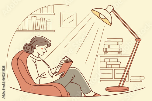 Cozy reading experience in a well-lit corner of a spacious room surrounded by books and a modern lamp