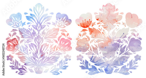 Vector set of watercolor decorative clip arts of flowers. Tracery silhouette of symmetrical stylized floral arrangement for cards and invitations. Summer bloom