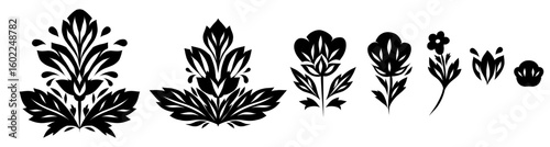 Vector set of black silhouette decorative clip arts of flowers. Collection of stylized blooms for cards and invitations. Tracery blossom isolated from background