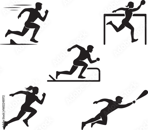Track and Field Outline Icons Set Sprinting, High Jump, Shot Put, Hurdles, Long Jump, and Relay Baton Vector Pack