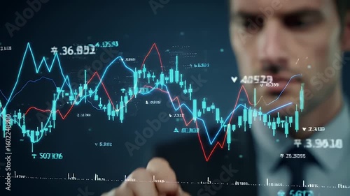 Focused Businessman Interacting with Holographic Stock Market Chart Data on a Dark Background Wearing a Dark Suit and Blue Tie