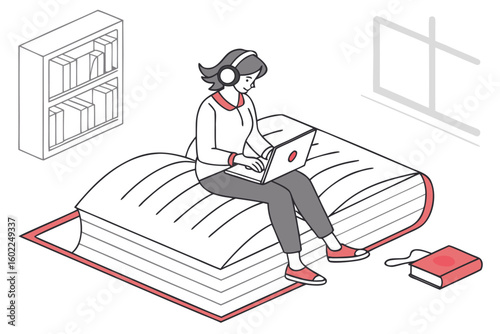 Young woman studying on a giant open book while working on a laptop indoors, surrounded by a bookshelf and a cozy ambiance