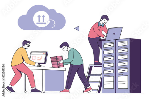 Team members collaborating on a digital project in a modern office environment, utilizing cloud technology for efficient data management and organization