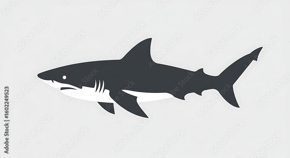 Obraz premium Stylized grayscale illustration of a great white shark, swimming, side profile view.