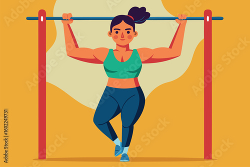 Strong woman performing pull-ups in a colorful gym environment during daytime, showcasing fitness and determination